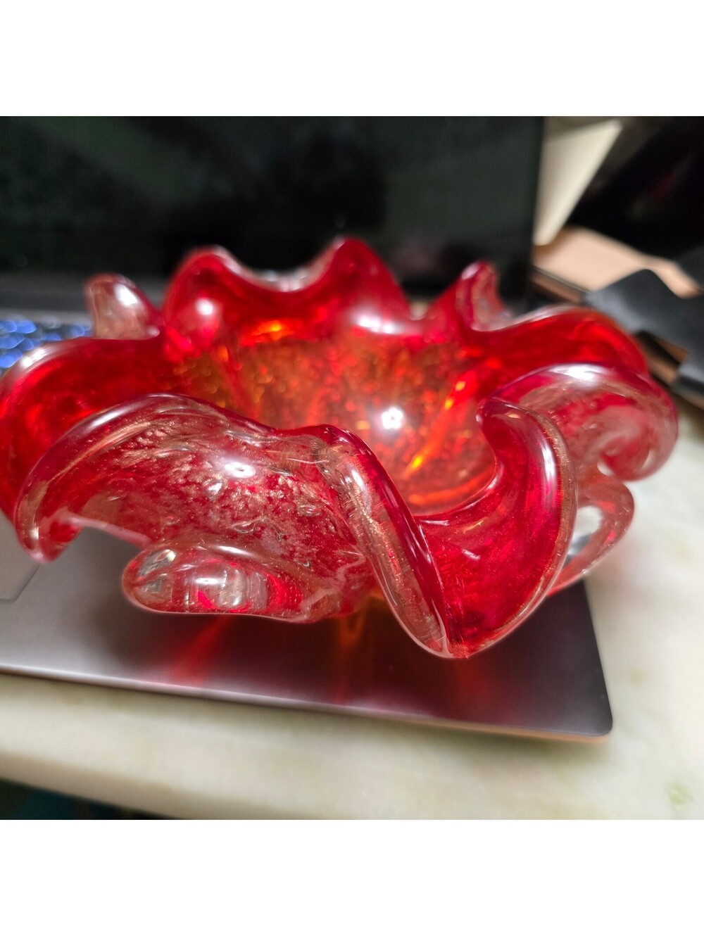 Vintage Red Murano Art Glass Bowl Ashtray Gold Fleck Trinket Dish Holder MCM 7"